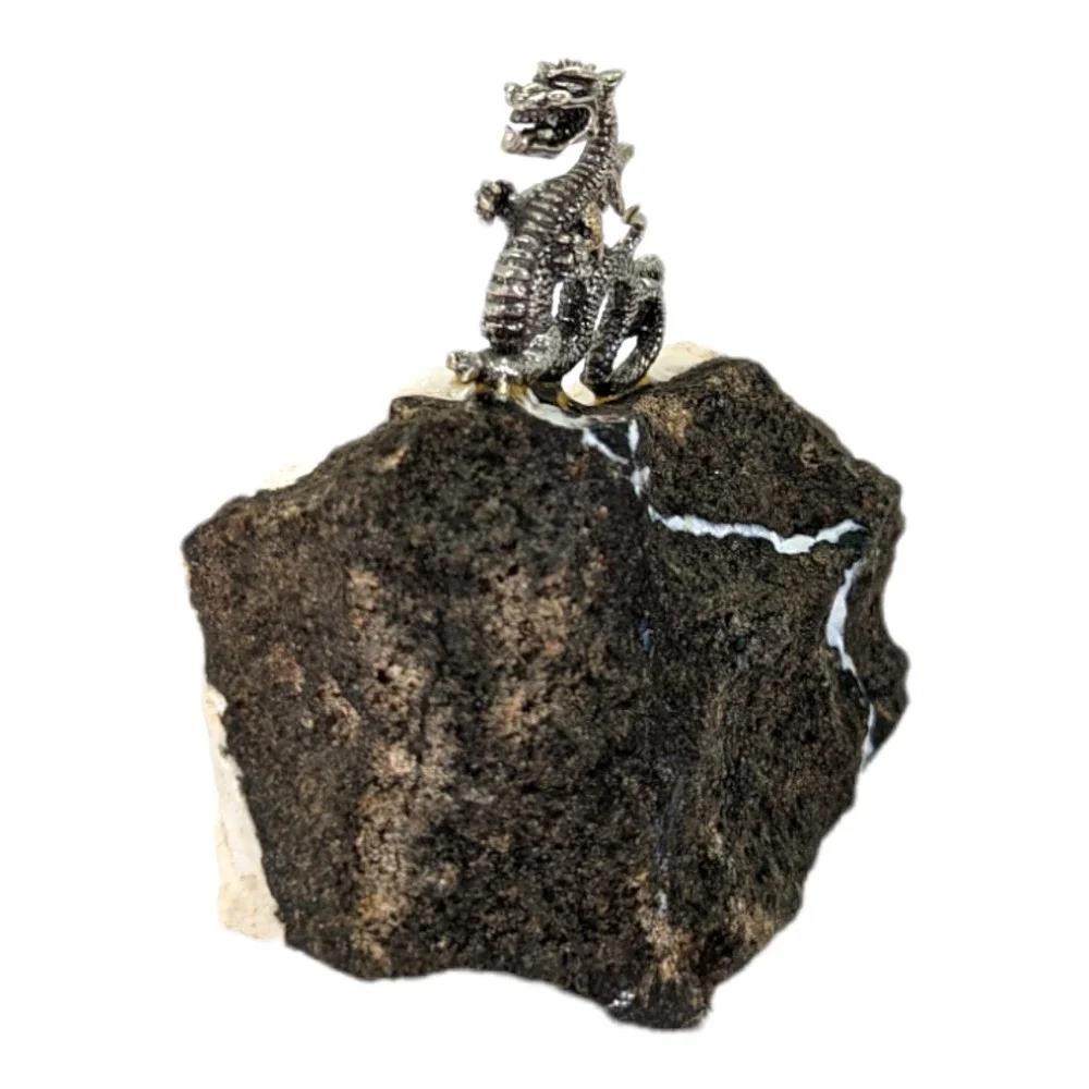 Vintage Pewter Dragon On Quartz Crystal Black Rock White Veining
